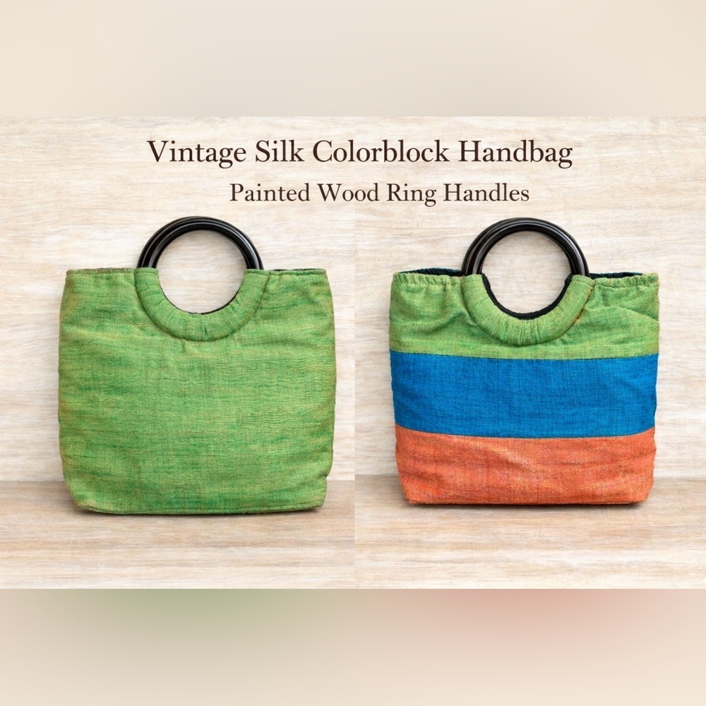 Vintage Silk Colorblock Handbag | Painted Wood Ring Handles | Artisan Boho Purse